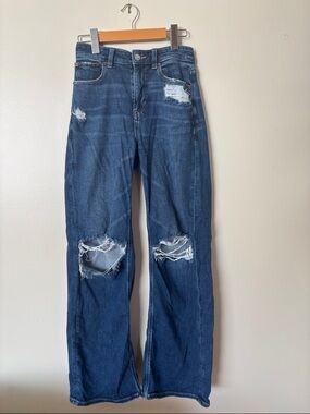 American Eagle Outfitters Dark Blue Distressed Baggy Wide Leg Jeans